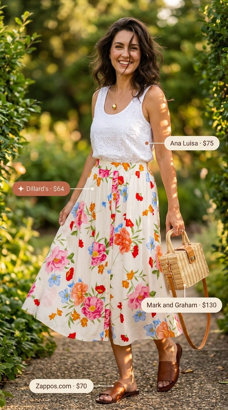Casual date outfits summer for women 2026: Pastel floral midi skirt, white button-down, and slide sandals for a garden party.
