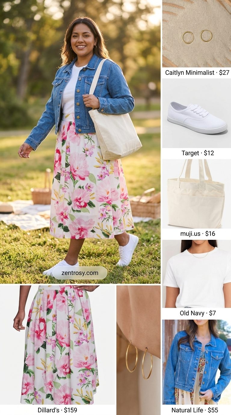 Casual date outfits summer for women 2026: Floral midi skirt, denim jacket, white tee, and sneakers for a park picnic.