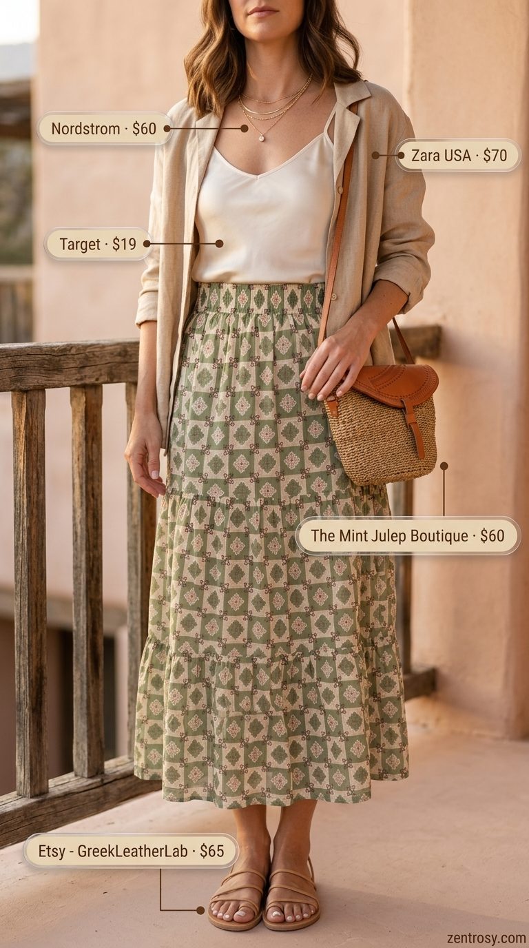 Flowy floral midi skirt outfit for casual summer dates in 2026. Linen shirt, camisole, and strappy sandals.