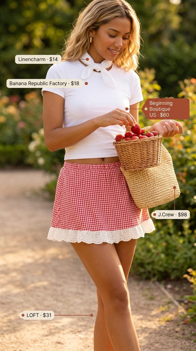 Casual date outfits summer for women 2026: Red gingham mini skirt, white tee, espadrilles, and straw tote for a picnic.