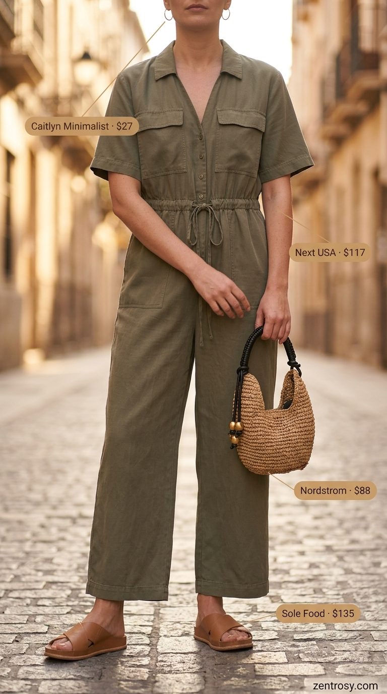 Casual date outfits summer for women 2026: Khaki green utility jumpsuit, slide sandals, and straw bag for an evening out.