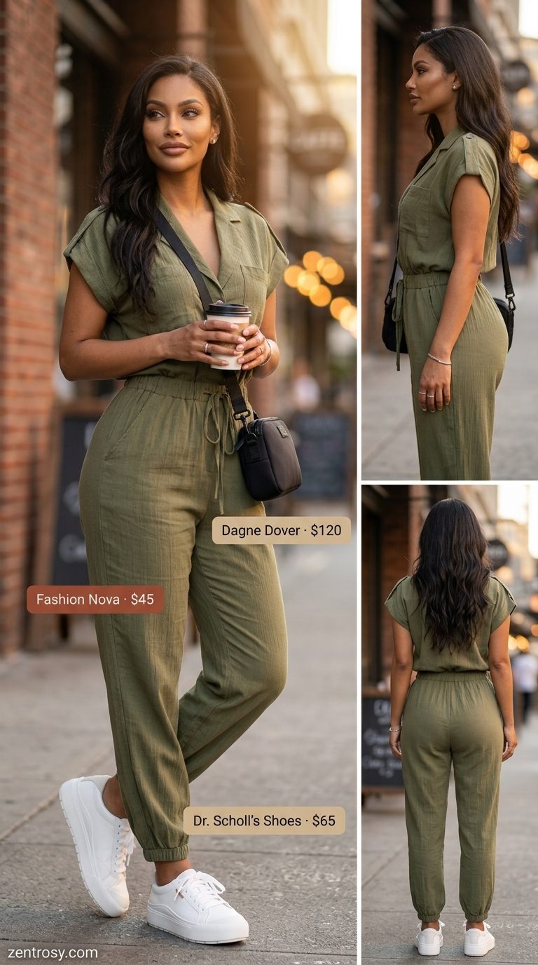 Casual date outfits summer for women 2026: Olive green utility jumpsuit, white sneakers, and crossbody bag for urban exploring.