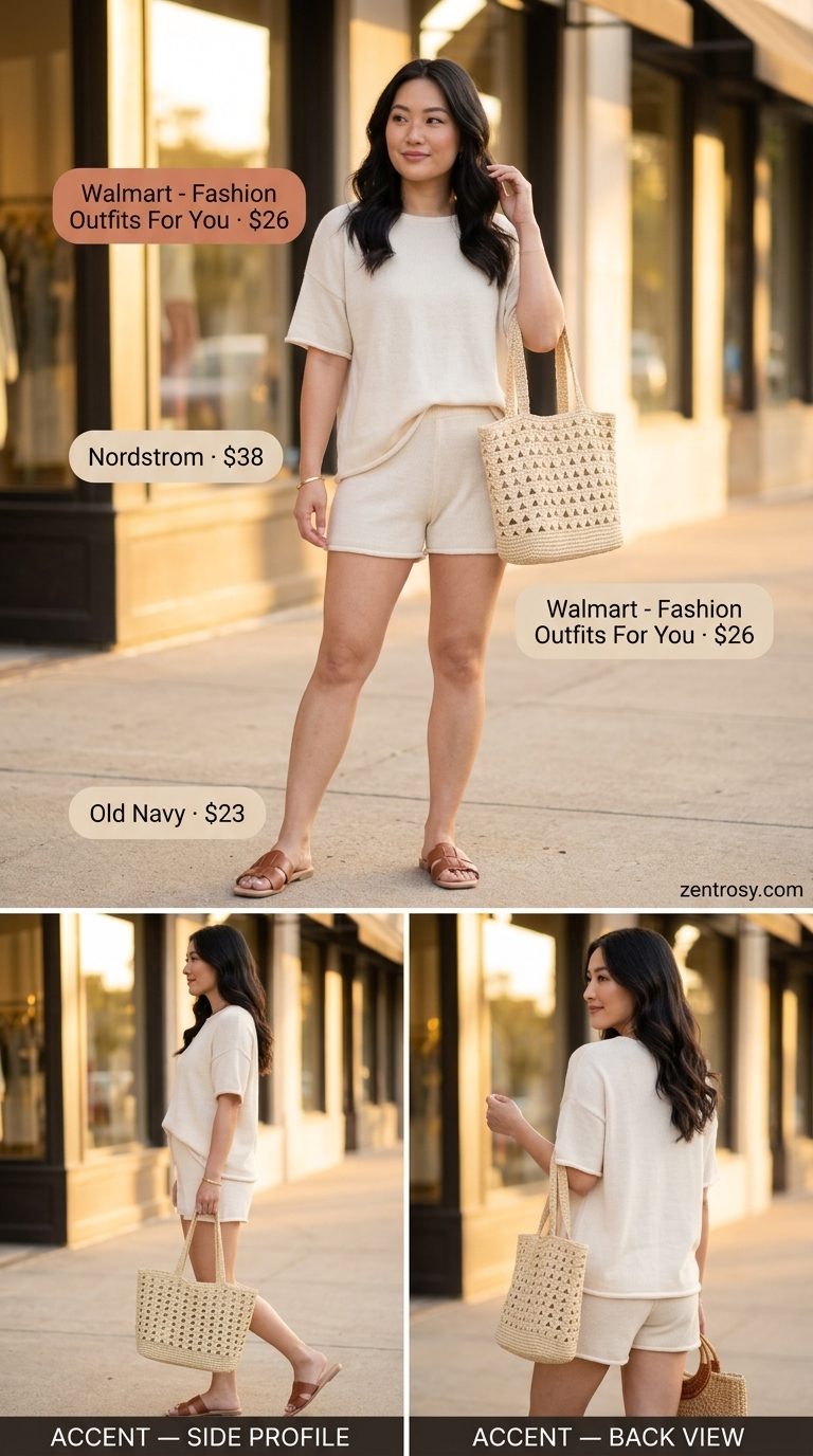 Cozy cream knit set for casual summer dates in 2026. Slide sandals, straw tote, and gold bracelet.
