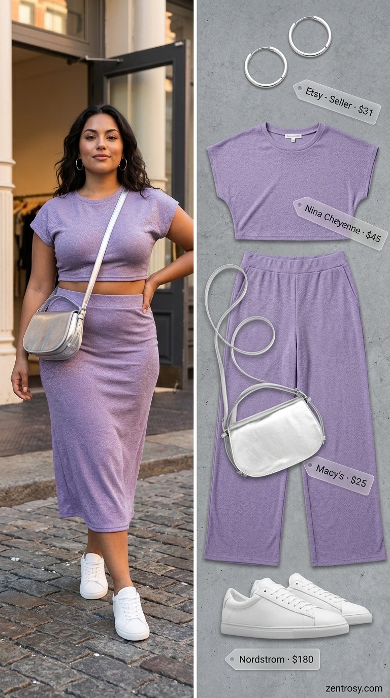 Modern lavender knit set for casual summer dates in 2026. White sneakers, silver earrings, and crossbody bag.