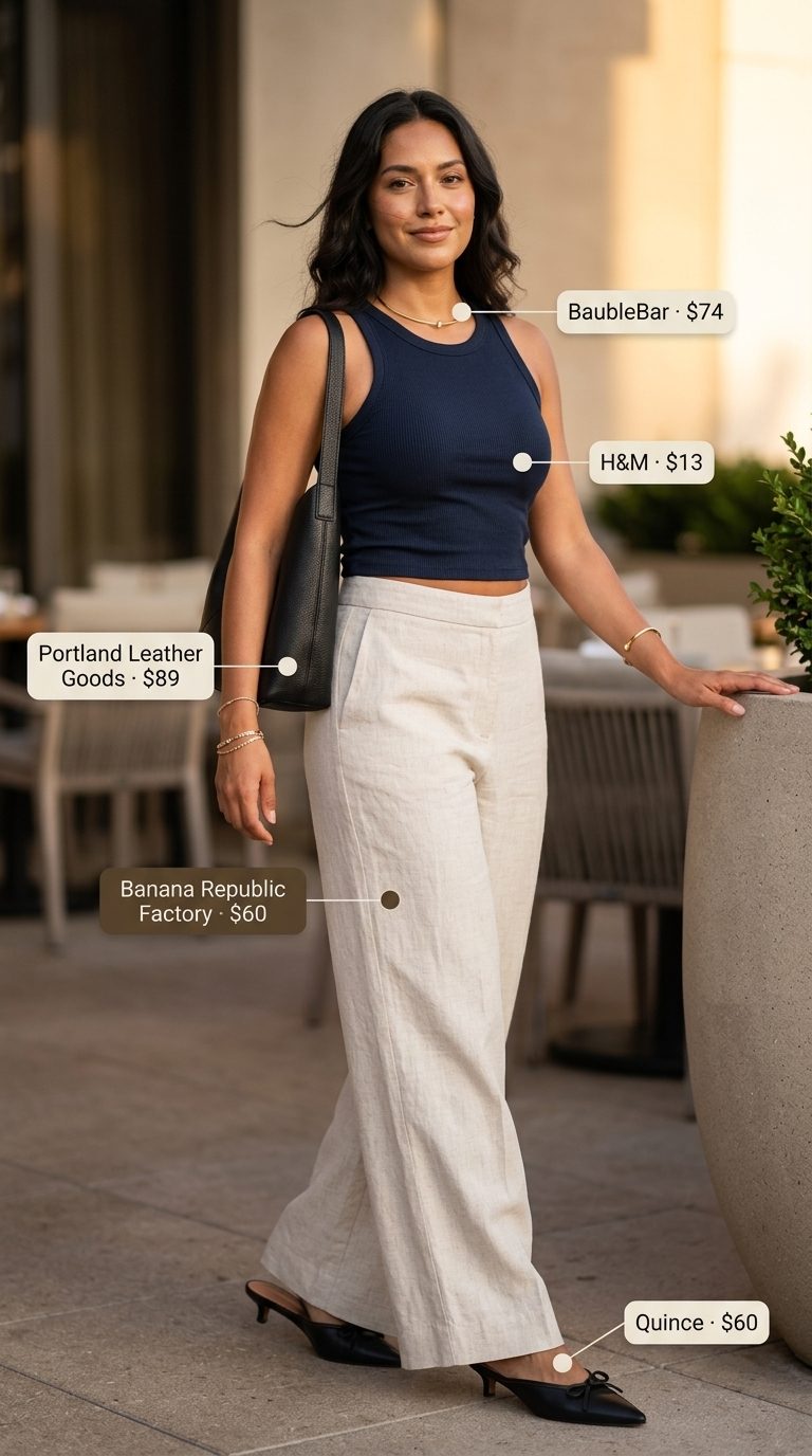 Casual date outfits summer for women 2026: Cream linen pants with navy knit top for a chic evening look.