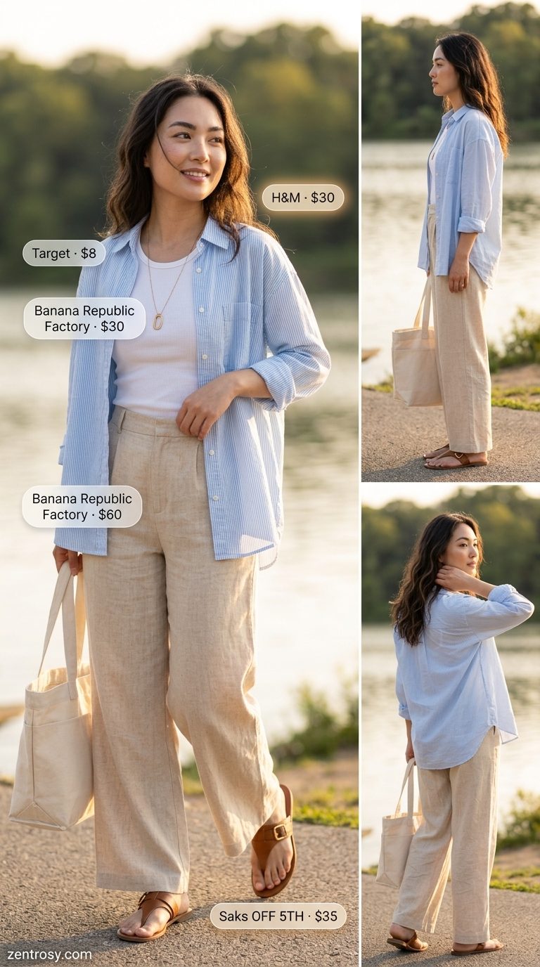 Relaxed linen pants outfit for casual summer dates in 2026. Oversized shirt, tank top, and flat sandals.