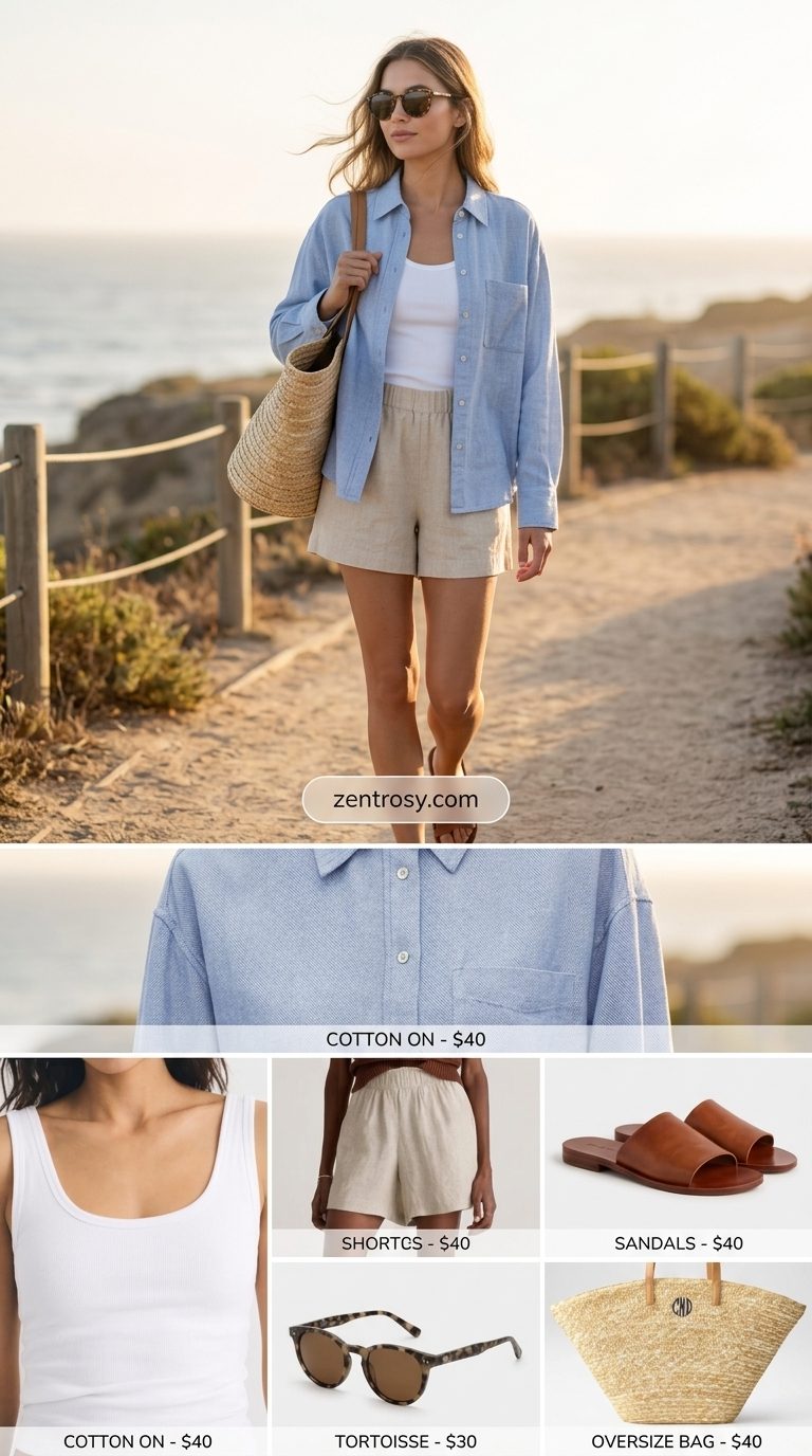 Casual date outfits summer for women 2026: Linen shorts with white tank and oversized blue shirt.