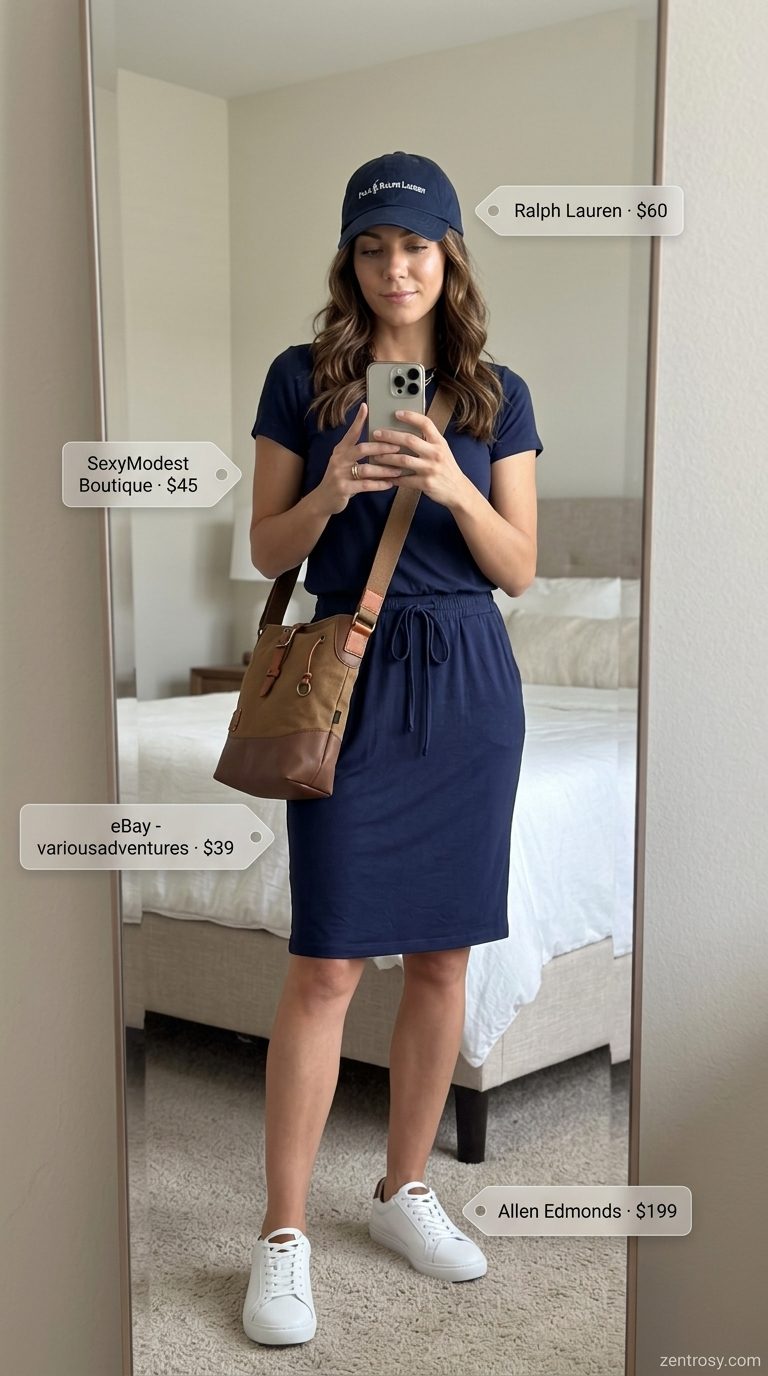 Sporty navy mini dress outfit for casual summer dates in 2026. White sneakers, crossbody bag, and baseball cap.