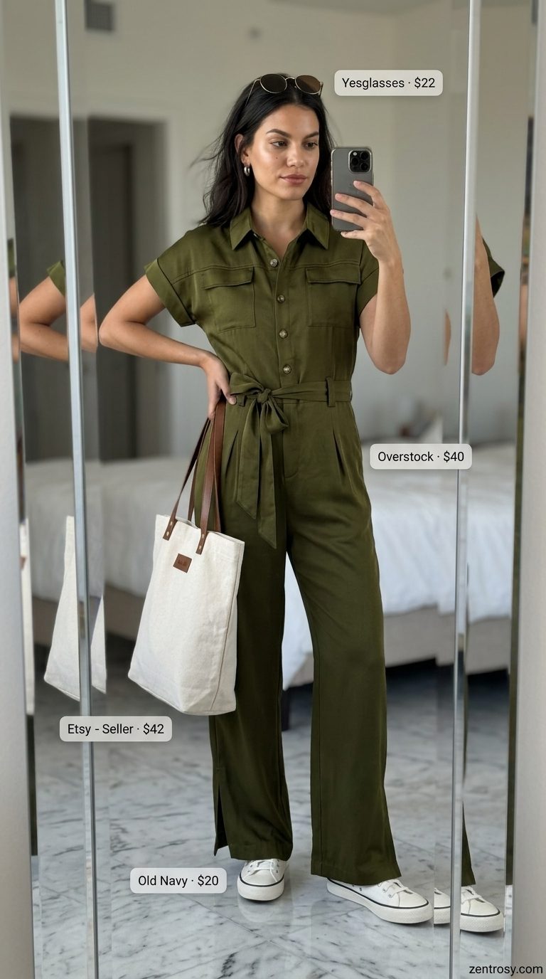Chic olive green utility jumpsuit for casual summer dates in 2026. White sneakers, tan tote, and sunglasses.