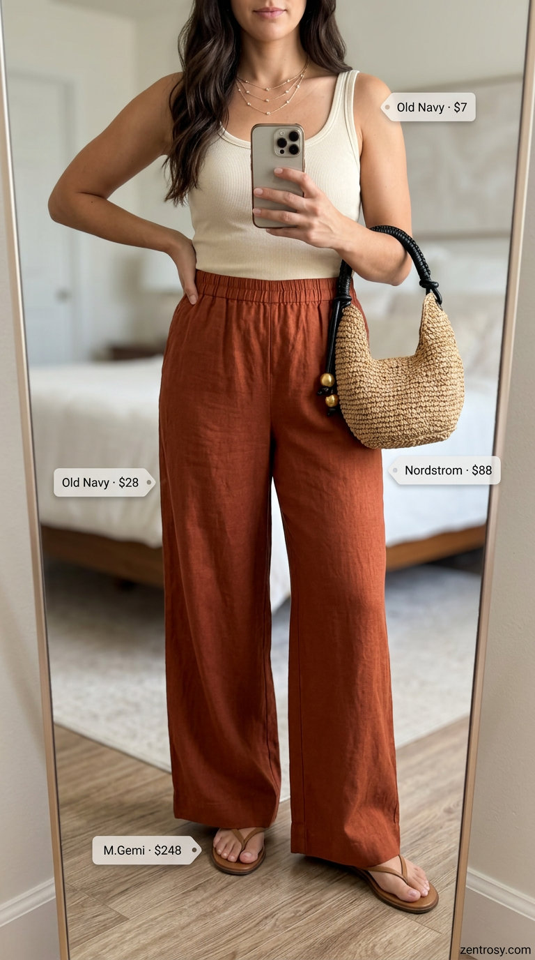 Casual date outfits summer for women 2026: Rust linen pants with cream knit top and straw crossbody bag.