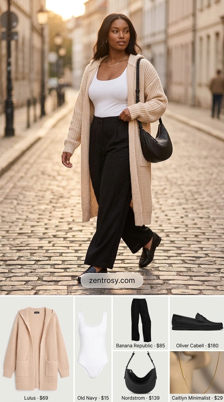 Casual date outfits summer for women 2026: Wide-leg trousers, bodysuit, open-knit cardigan, and loafers for an evening market.