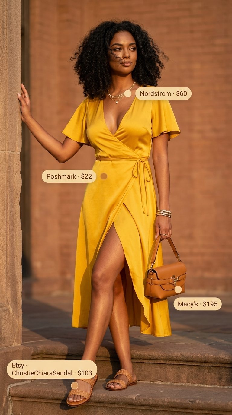 Casual date outfits summer for women 2026: Golden yellow wrap dress with tan sandals and crossbody bag.