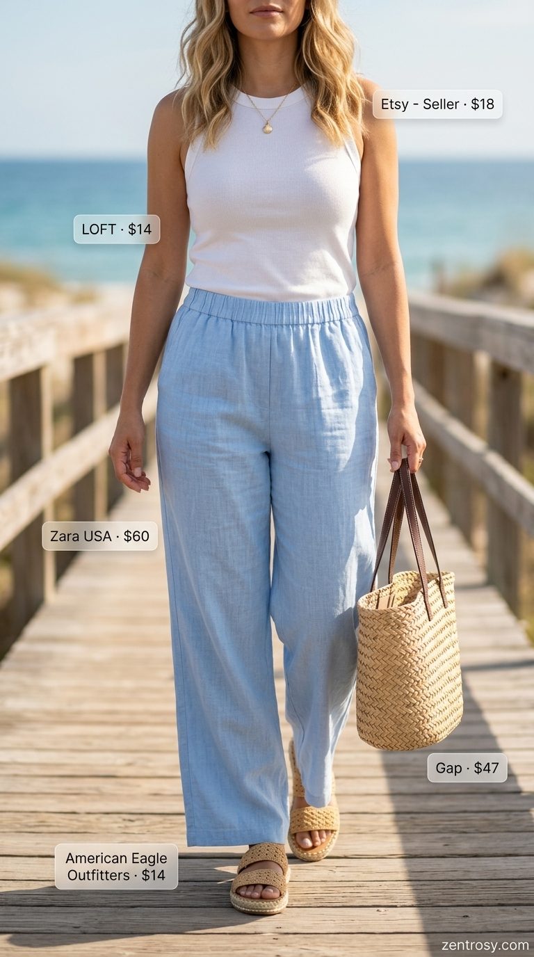 Sky blue linen pants outfit for casual friday summer outfits for women 2026, with white knit top and espadrilles.