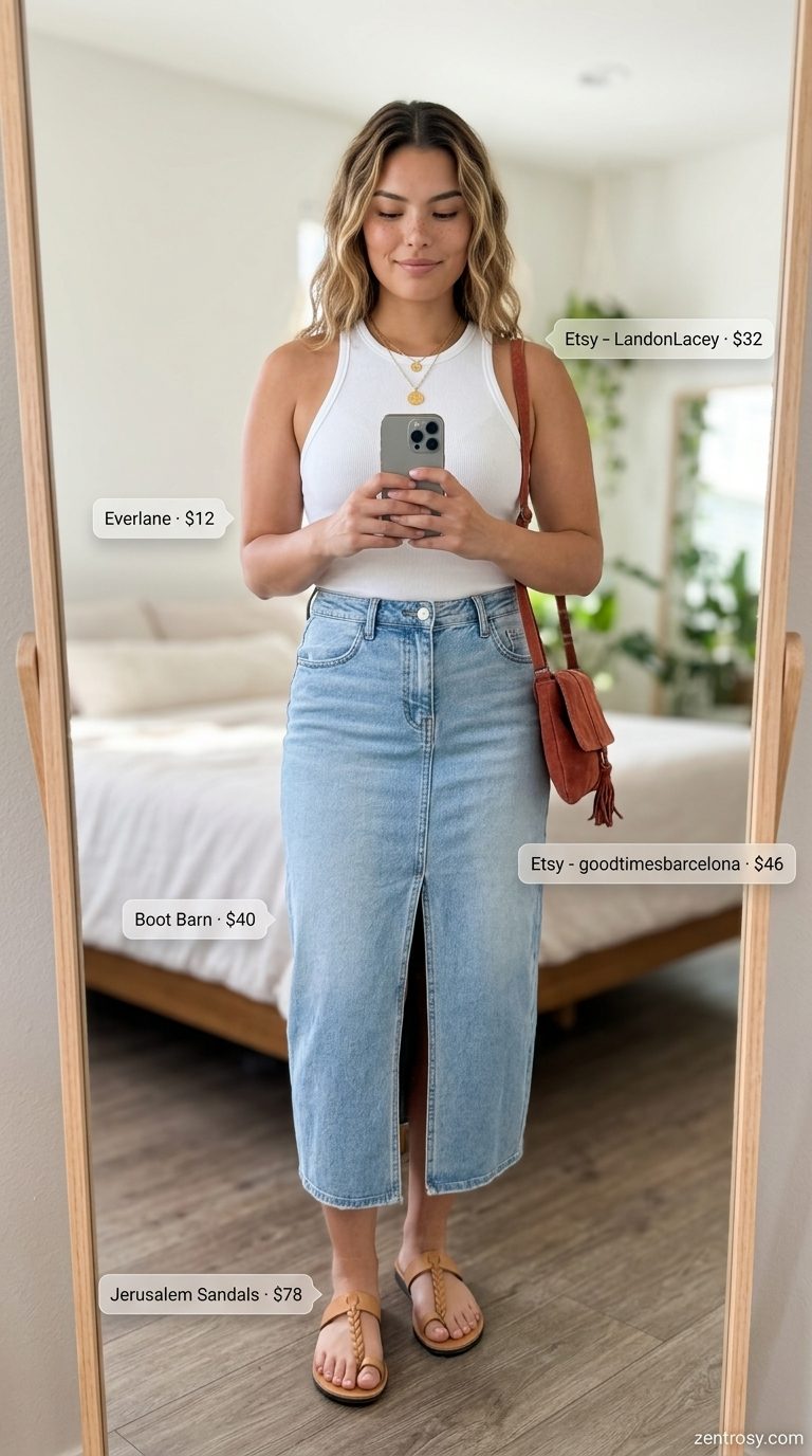 Light wash denim midi skirt outfit for casual friday summer outfits for women 2026, with white tank and sandals.
