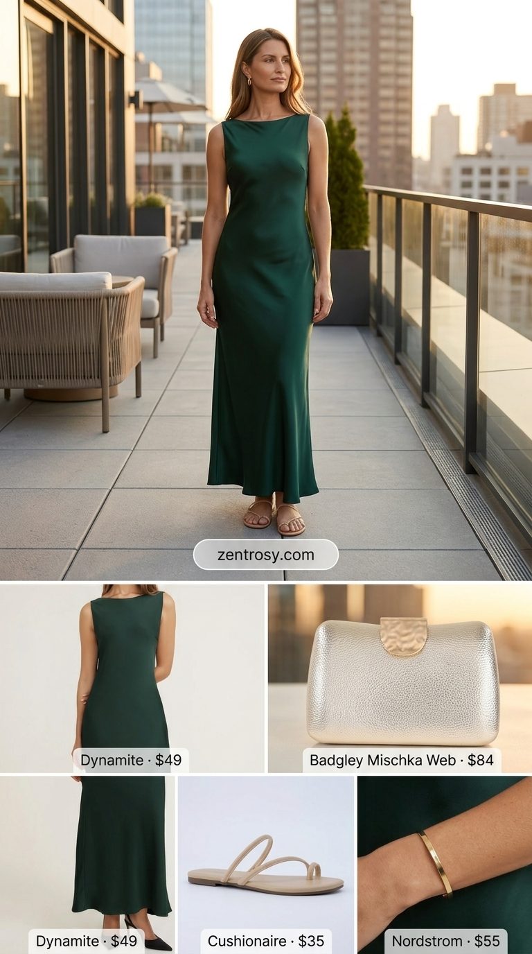 Emerald green satin maxi dress for casual friday summer outfits for women 2026, paired with gold jewelry and nude sandals.