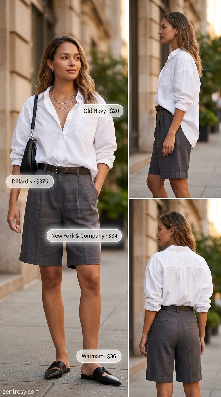 Charcoal gray bermuda shorts outfit for casual friday summer outfits for women 2026, with white shirt and mules.