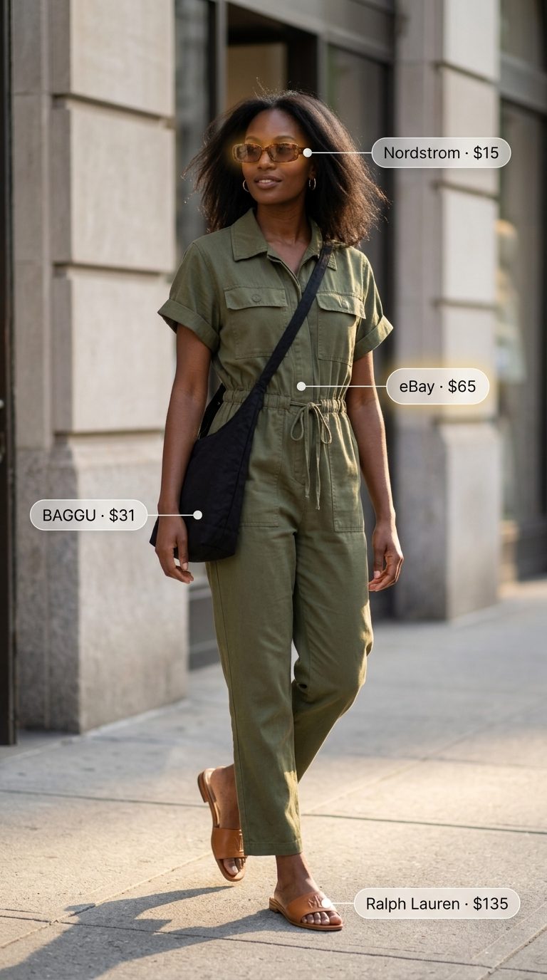 Casual Friday summer outfits for women 2026: Olive green jumpsuit, tan slides, black belt bag, and tortoise sunglasses for urban exploration.