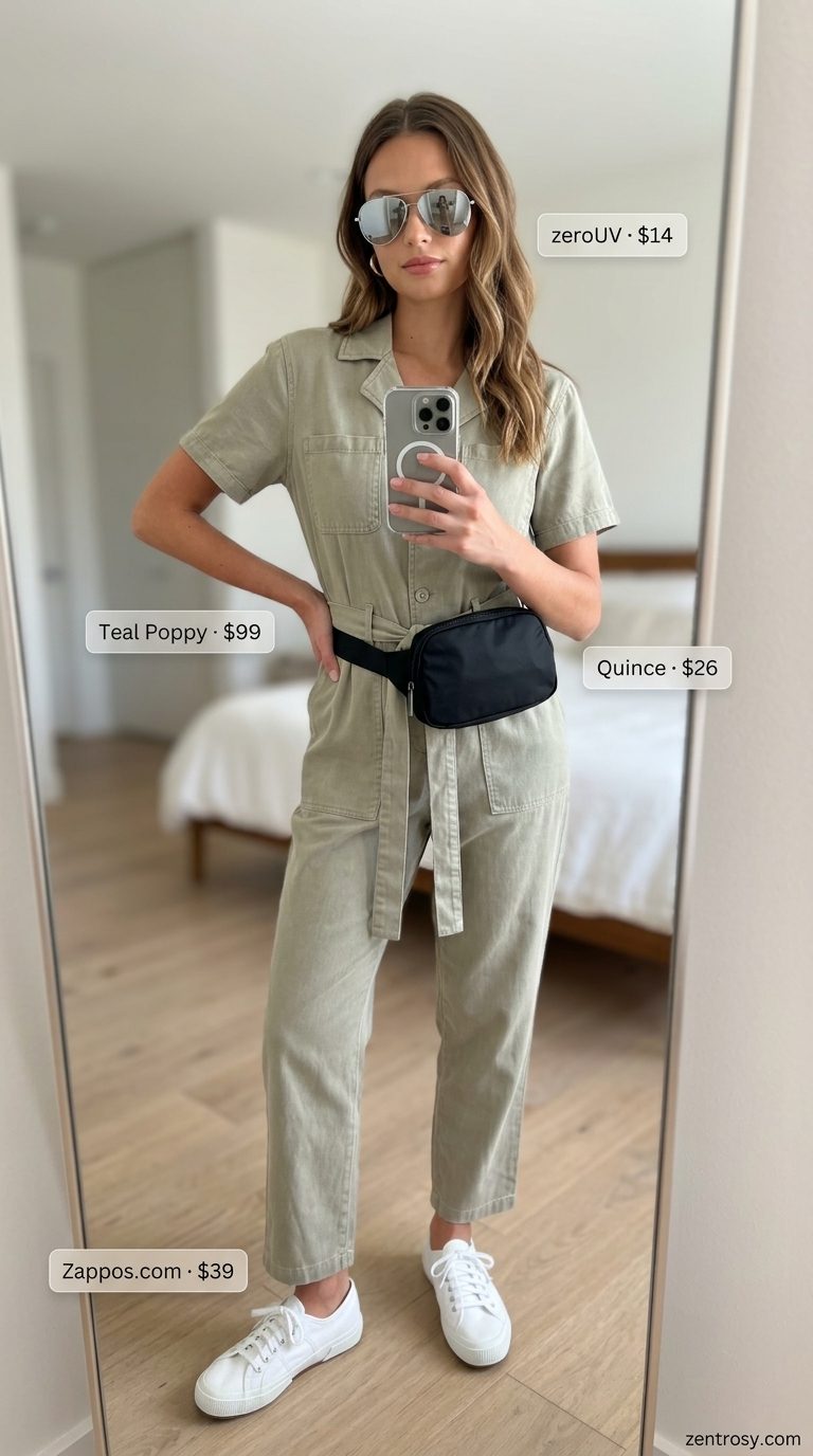 Khaki utility jumpsuit for casual friday summer outfits for women 2026, styled with sneakers and belt bag.