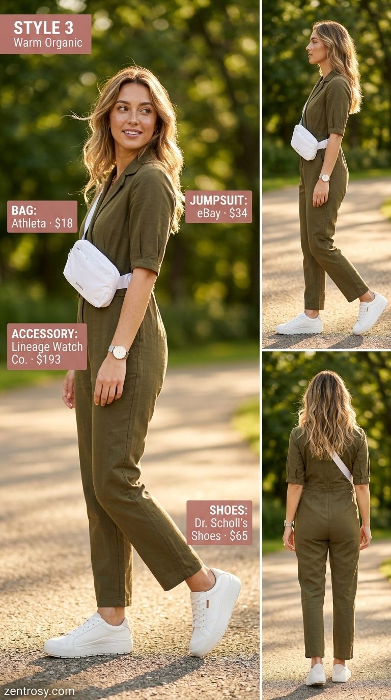 Khaki utility jumpsuit for casual friday summer outfits for women 2026, styled with white sneakers and a belt bag.