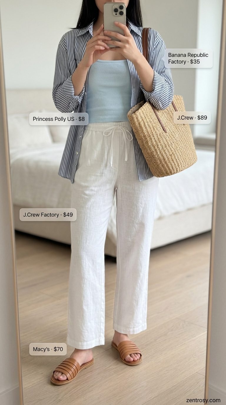 Casual Friday summer outfits for women 2026: White linen pants, blue tank, striped shirt, tan slides, and straw tote for a seaside escape.
