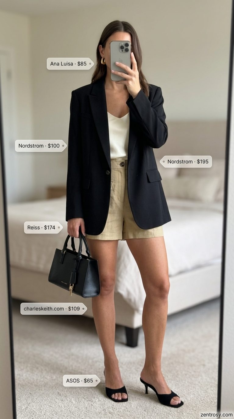 Casual Friday summer outfits for women 2026: Olive linen shorts, black blazer, cream camisole, gold hoops, and black mules for an art gallery.