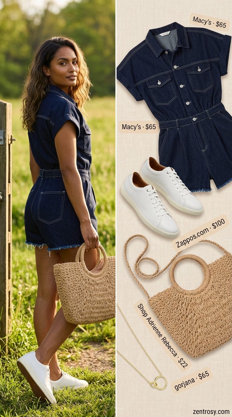 Casual Friday summer outfits for women 2026: Navy romper, white sneakers, straw tote, and gold jewelry for a park picnic.