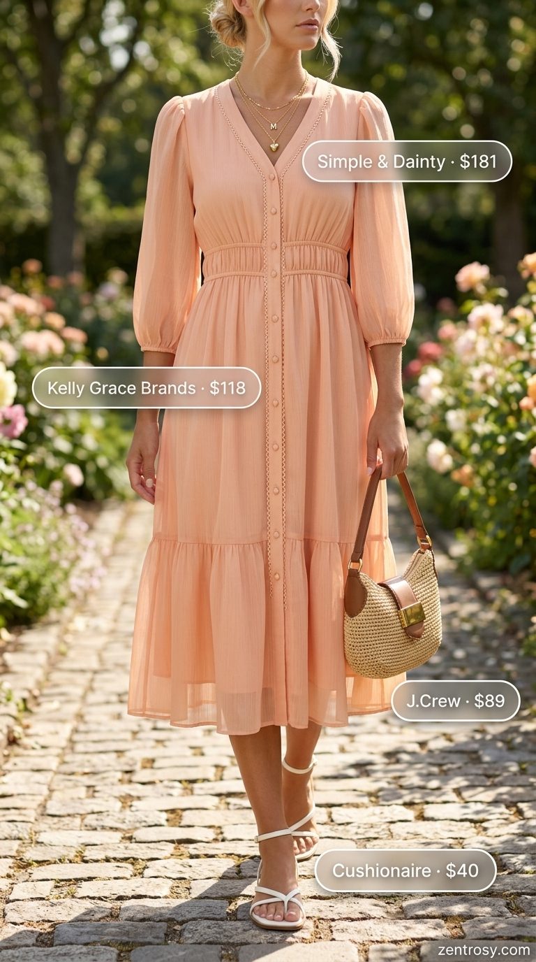 Soft peach midi dress for casual friday summer outfits for women 2026, with gold jewelry and straw bag.