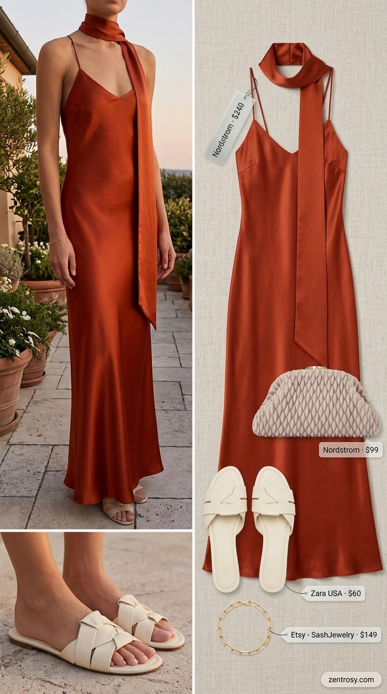 Casual Friday summer outfits for women 2026: Burnt orange satin maxi dress, cream leather sandals, gold bracelet, and cream clutch.