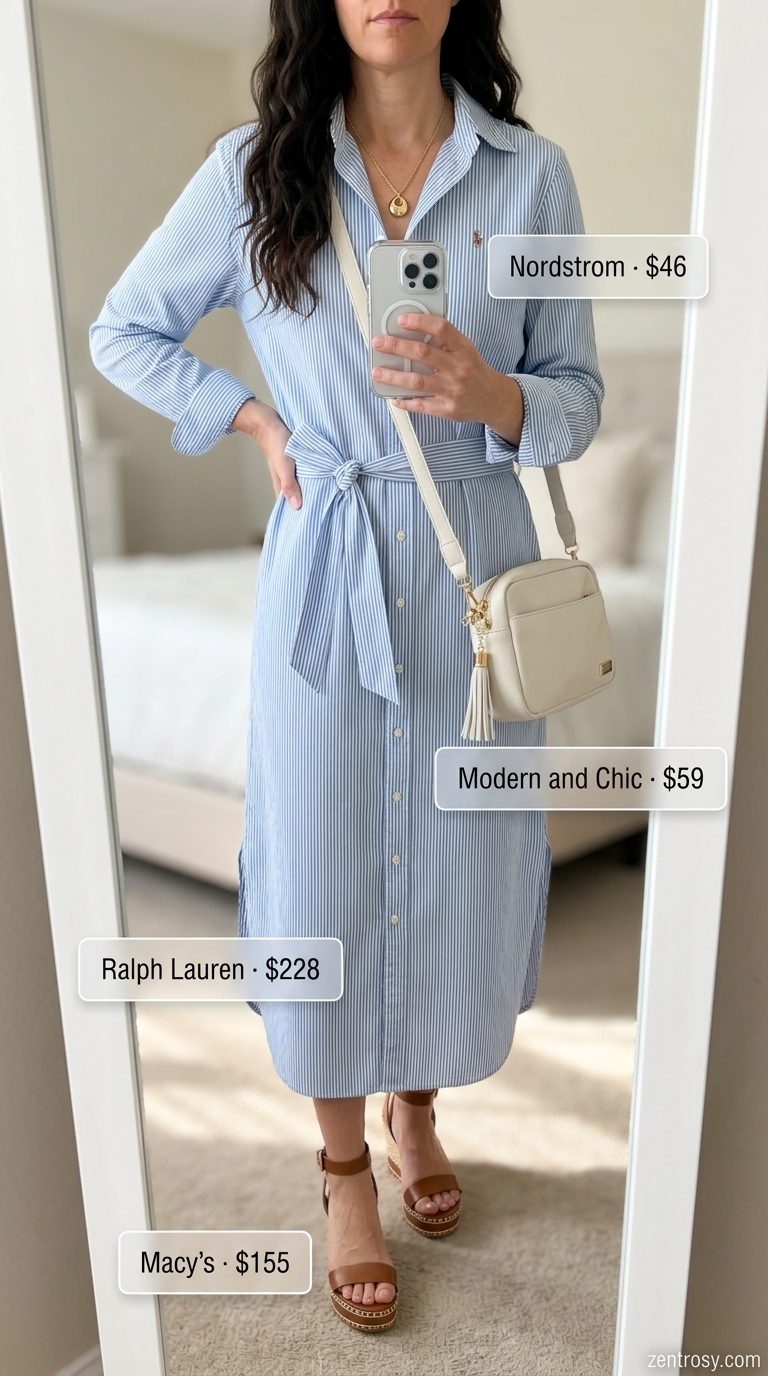 Casual Friday summer outfit for women 2026: Blue stripe midi dress, tan espadrilles, gold necklace, and cream crossbody bag for a patio lunch.