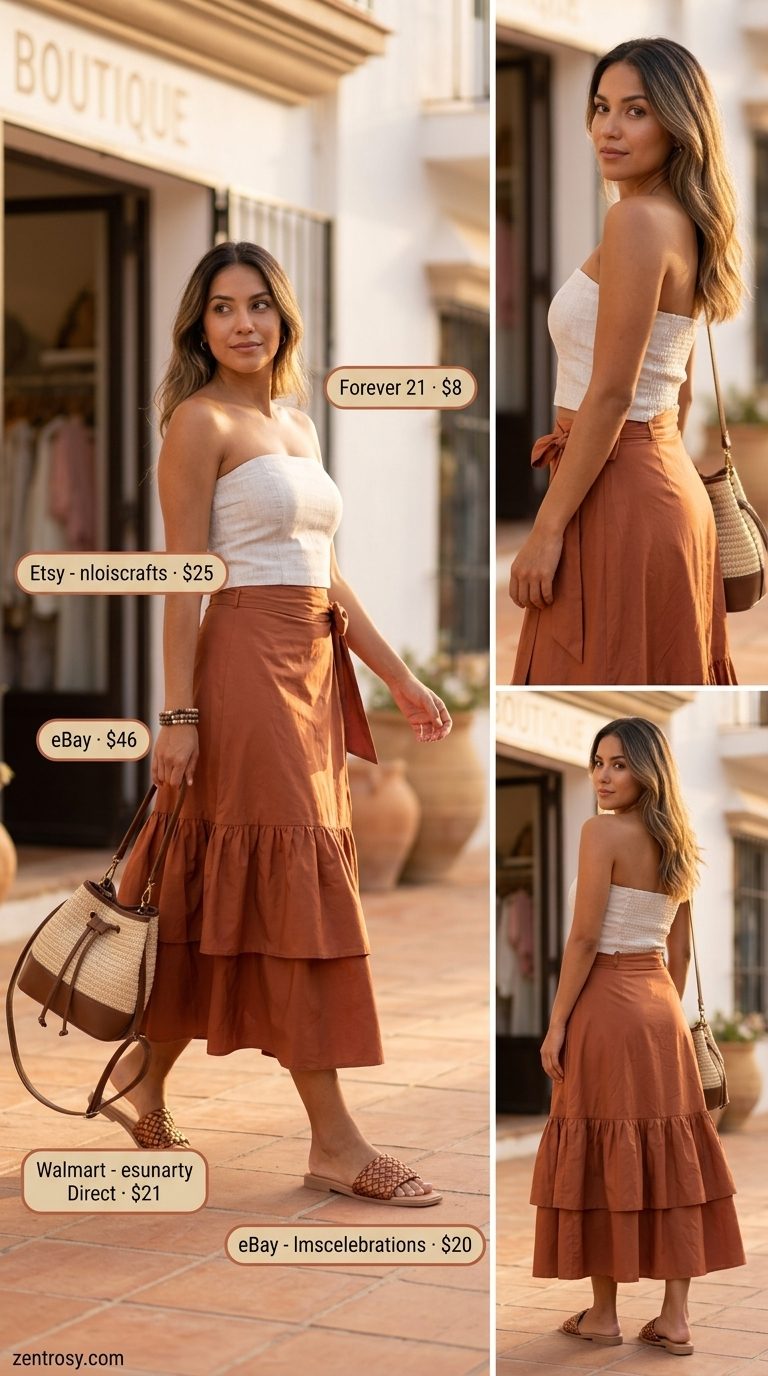 Terracotta tiered midi skirt outfit for casual friday summer outfits for women 2026, with ivory tube top and sandals.