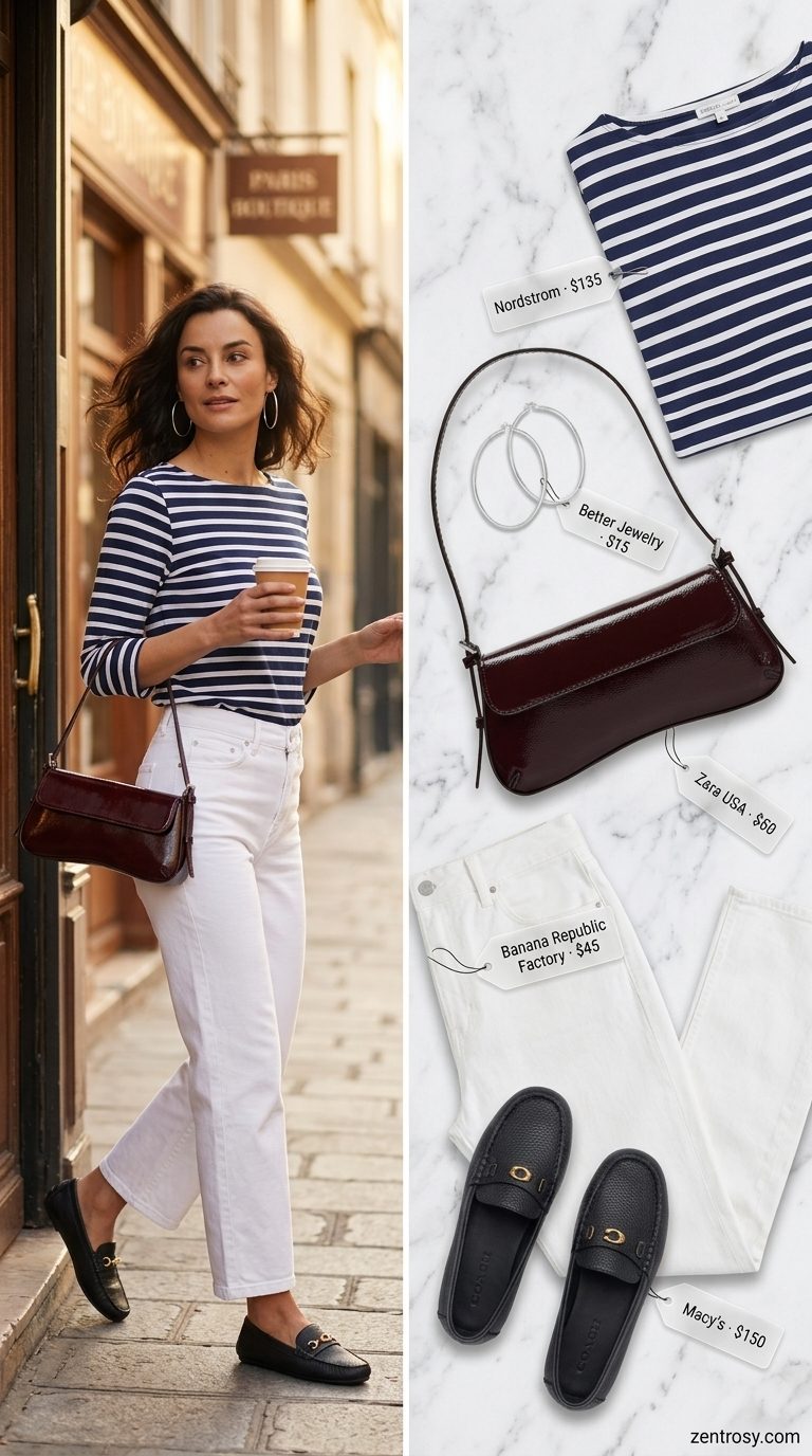 Casual Friday summer outfits for women 2026: White jeans, striped top, navy loafers, red bag, and silver earrings for a cafe date.