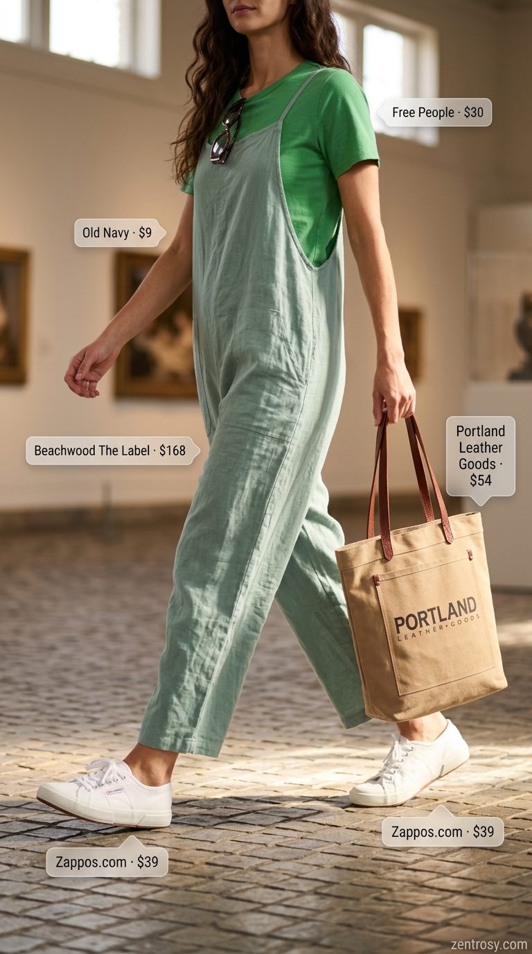 Casual Friday summer outfits for women 2026: Chambray overalls, mustard tee, canvas tote, and sneakers for an art fair.