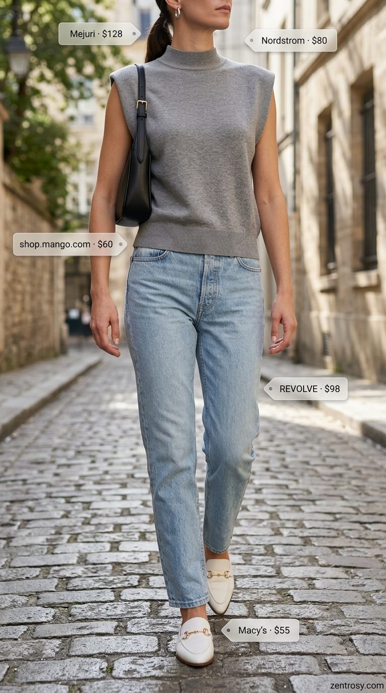 Casual Friday summer outfits for women 2026: Light wash straight-leg jeans, grey knit top, black shoulder bag, and mules for casual dinner.