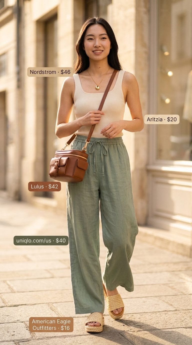 Casual Friday summer outfits for women 2026: Sage green linen pants, cream knit top, tan espadrilles, and crossbody bag for brunch.