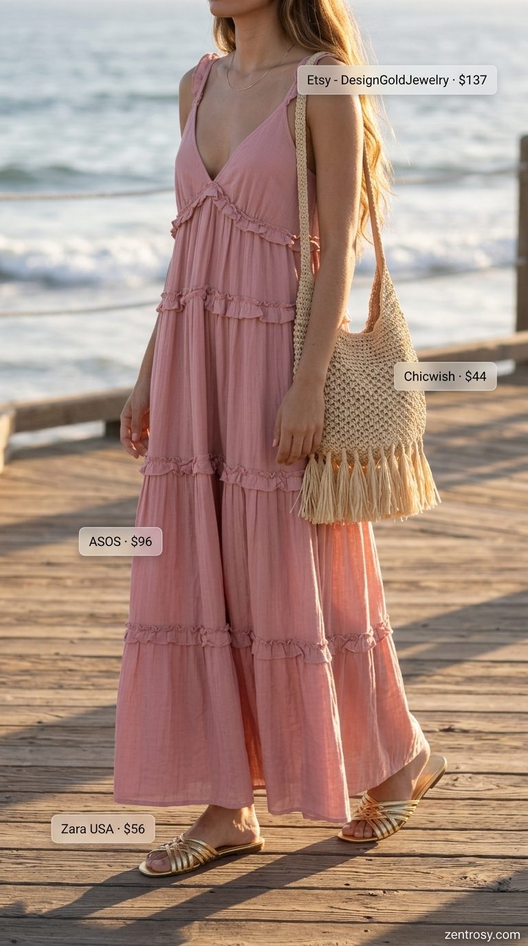 Casual Friday summer outfits for women 2026: Dusty rose maxi dress, cream straw bag, and gold sandals for a beach vacation.