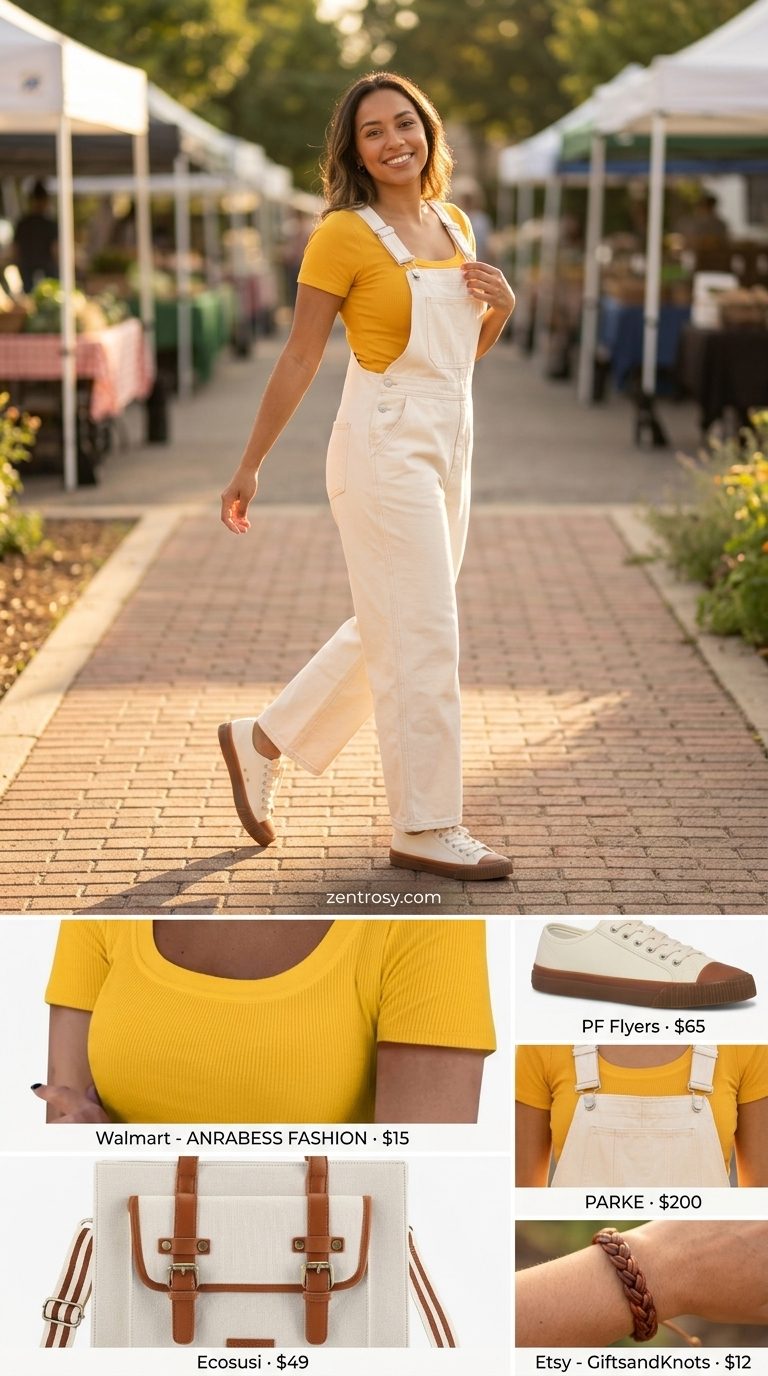 Casual Friday summer outfits for women 2026: Cream denim overalls, mustard top, brown tote, and sneakers for a creative workshop.