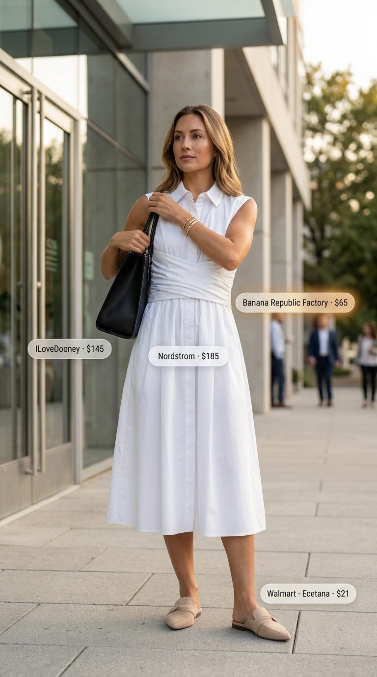 Casual Friday summer outfits for women 2026: White midi shirt dress, beige mules, and black tote for office to dinner.