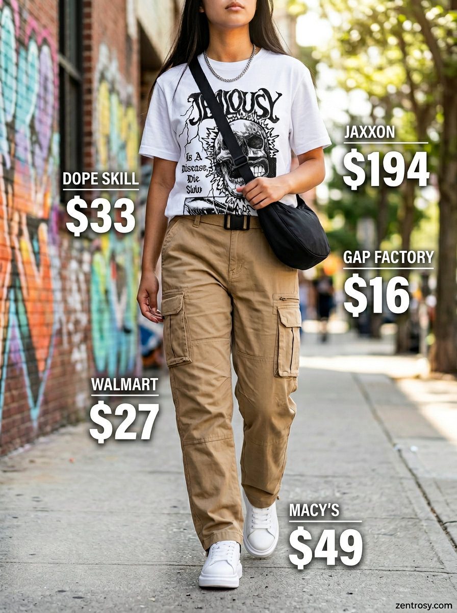 Edgy LA summer outfits for women 2026: Khaki cargo pants, graphic tee, chunky sneakers, and nylon bag for urban style.