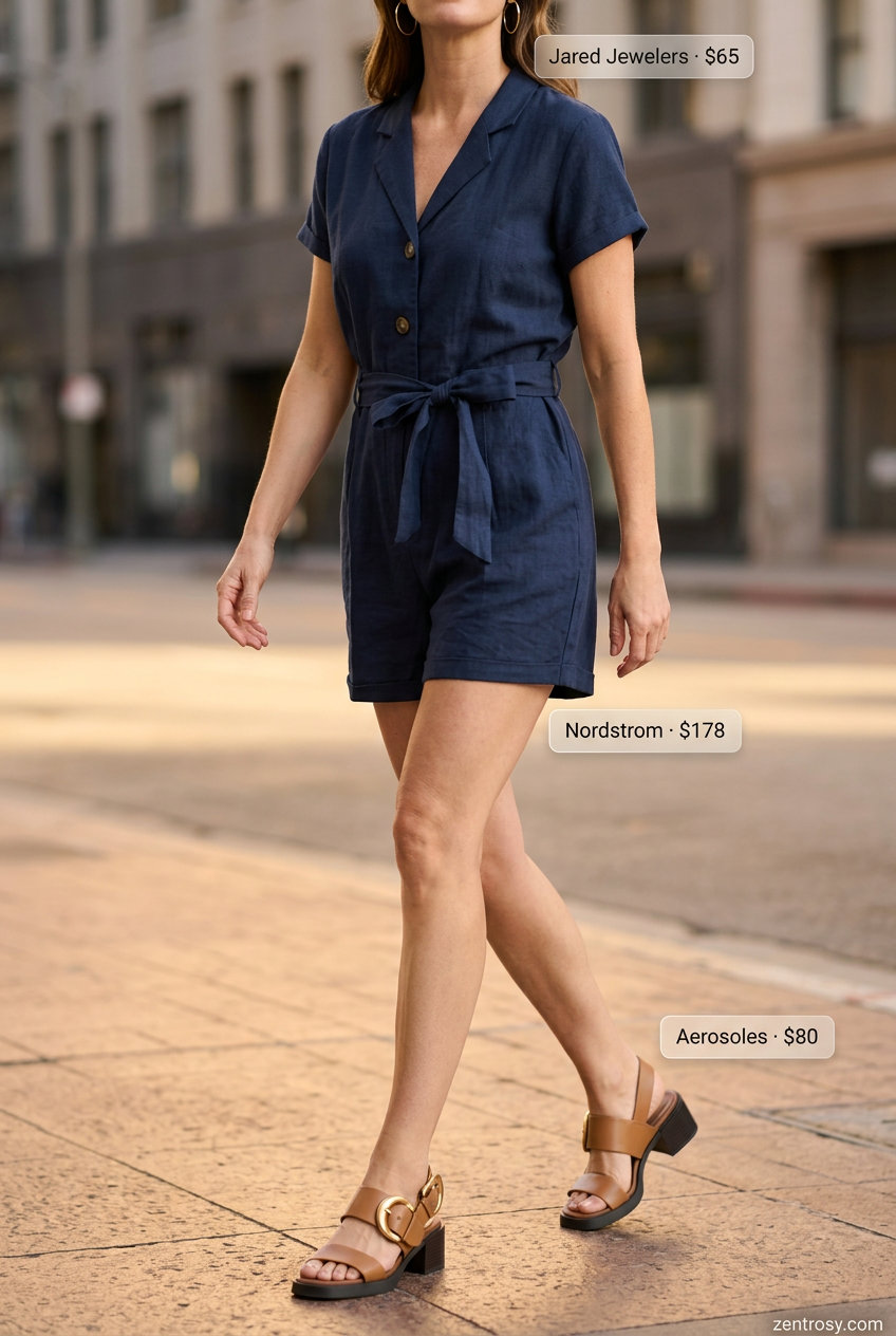 Chic LA summer outfits for women 2026: Navy linen romper, tan crossbody bag, and block heel sandals for a polished casual look.