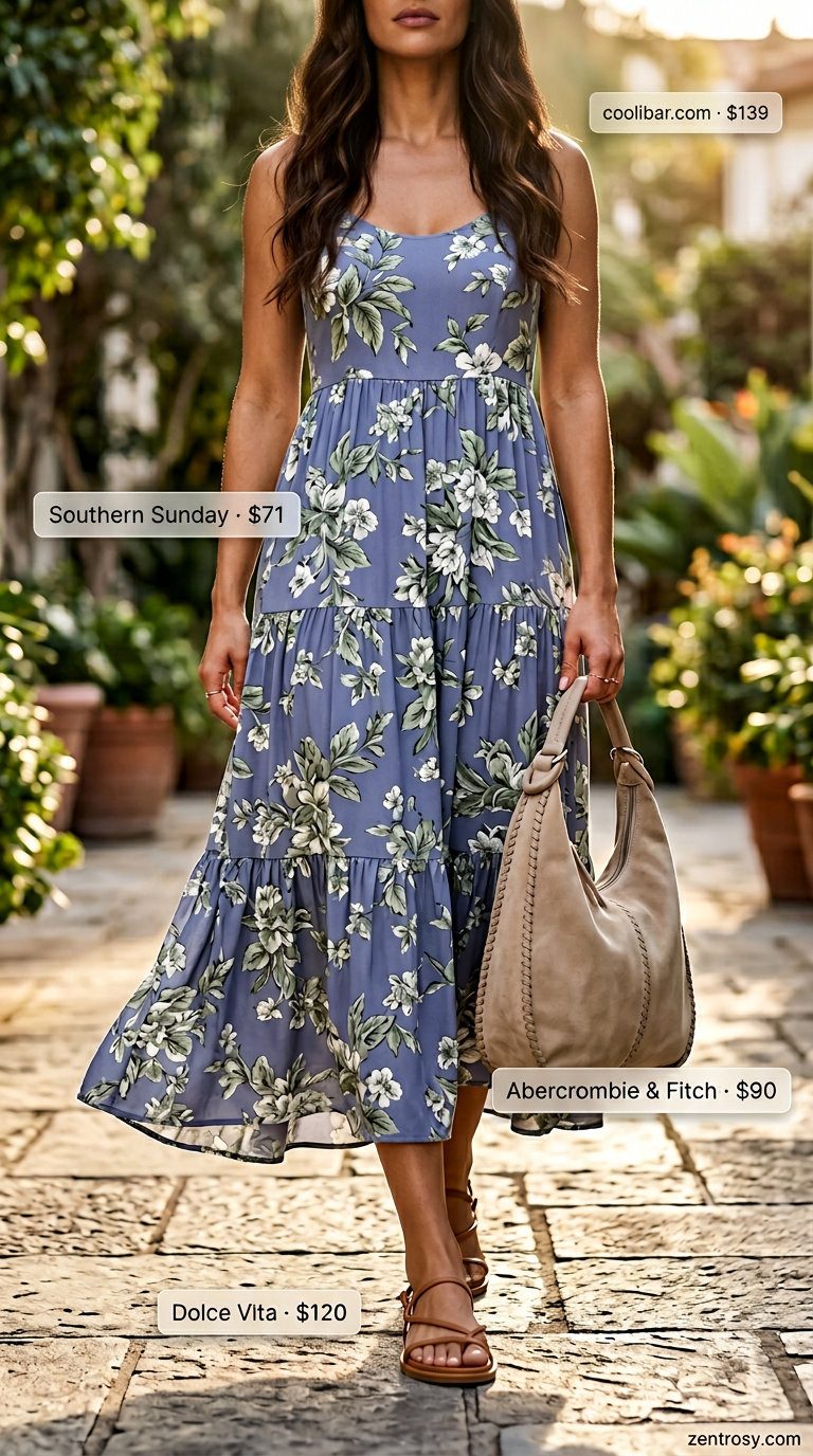 Bohemian LA summer outfits for women 2026: Floral maxi dress, straw hat, and leather sandals for a daytime event.