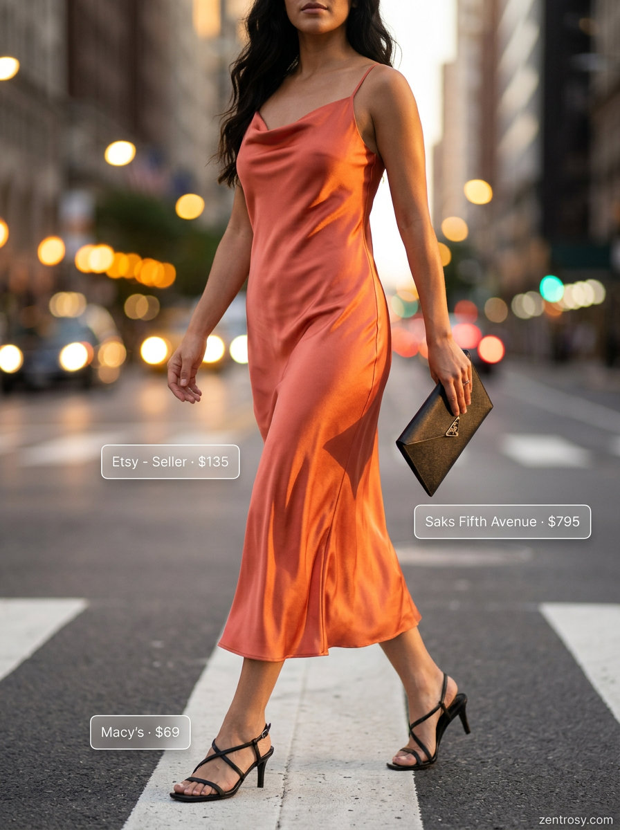 Elegant LA summer outfits for women 2026: Coral slip dress, black heels, and clutch for an evening out.