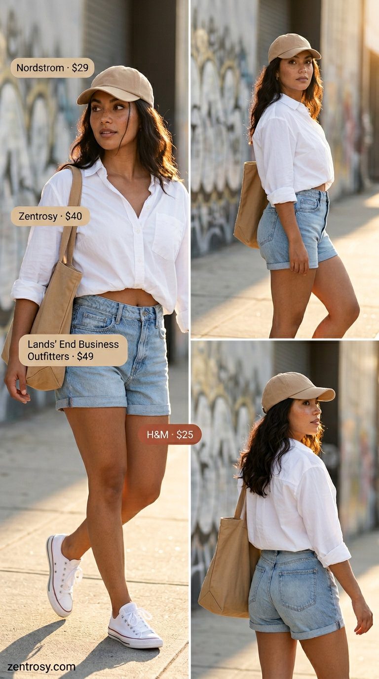 Casual LA summer outfits for women 2026: Denim shorts, white oversized shirt, tan cap & tote. Perfect for weekends.