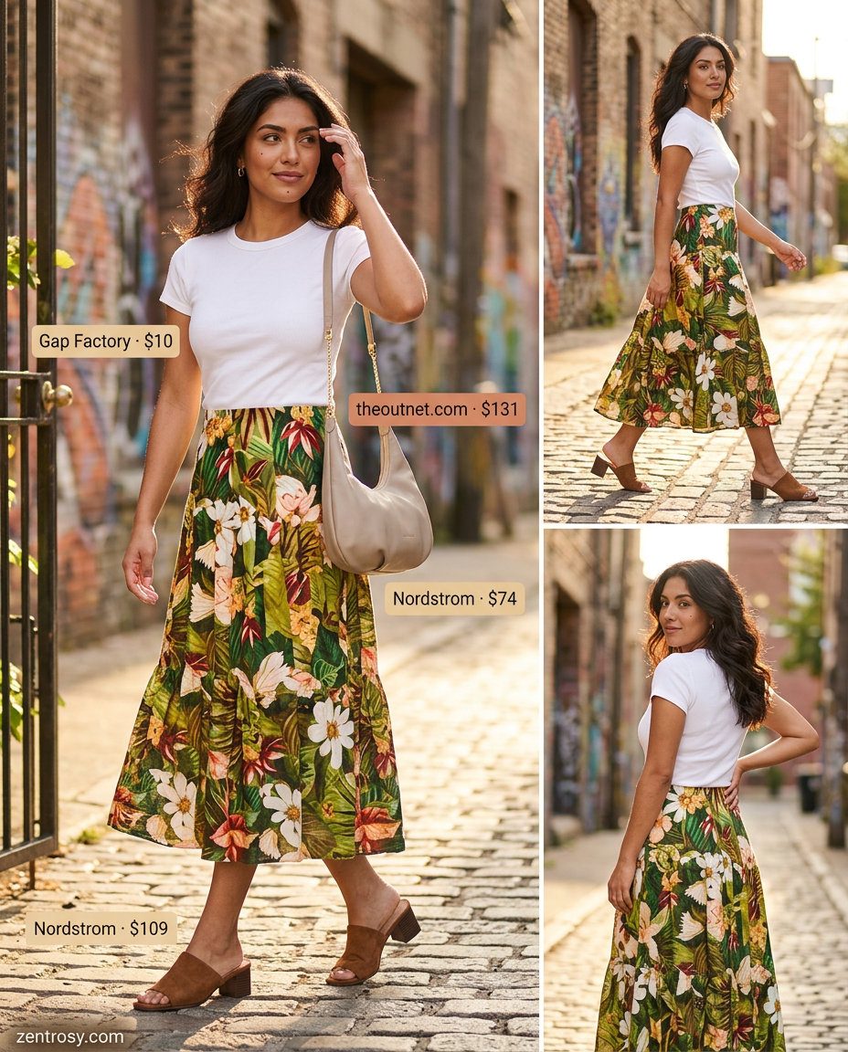 Casual LA summer outfits for women 2026: Floral midi skirt, white top, straw hat & block heel sandals.