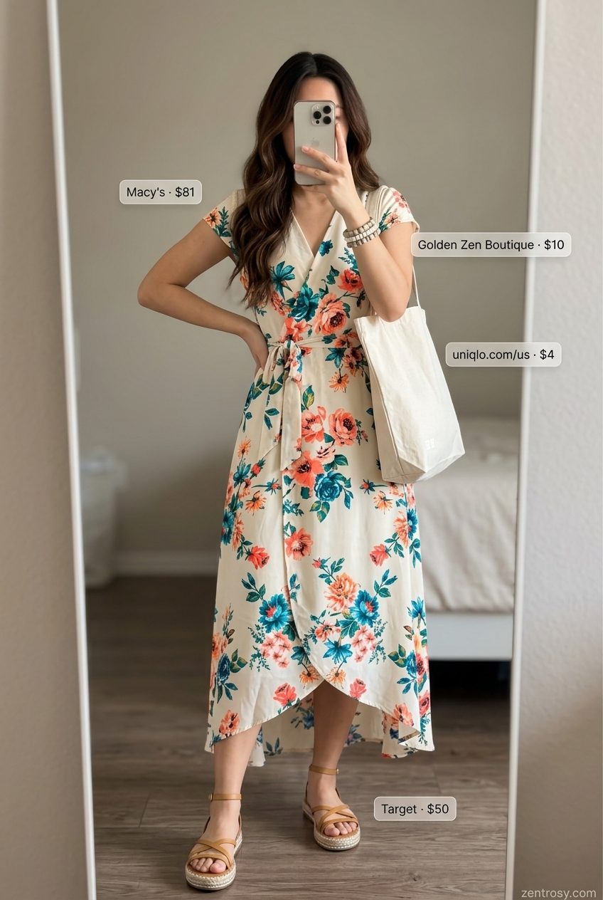Casual LA summer outfits for women 2026: Floral midi wrap dress, espadrilles, canvas tote & wood bracelets.