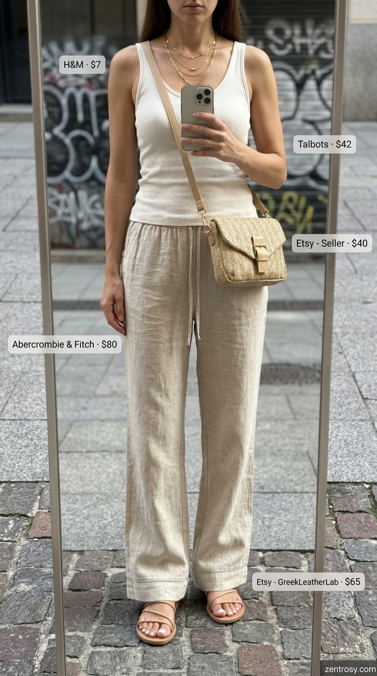 Casual LA summer outfits for women 2026: Cream linen pants, fitted tank, straw bag & leather sandals.