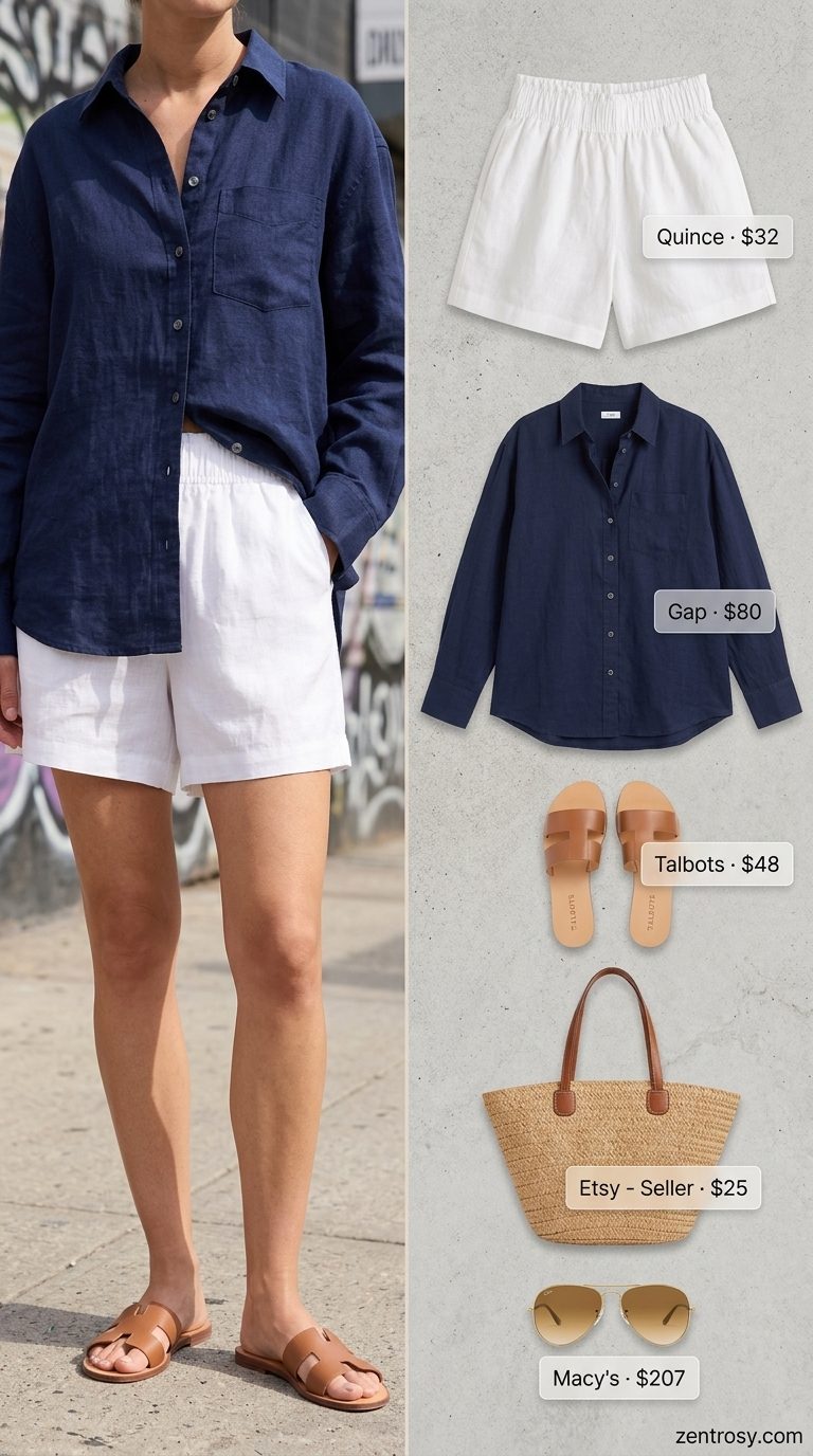 Casual LA summer outfits for women 2026: Linen shorts, navy oversized shirt, tan slides & aviator sunglasses.
