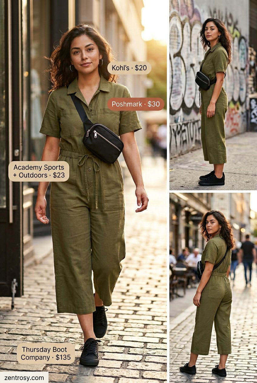Casual LA summer outfits for women 2026: Olive utility jumpsuit, black sneakers, belt bag & silver hoops.