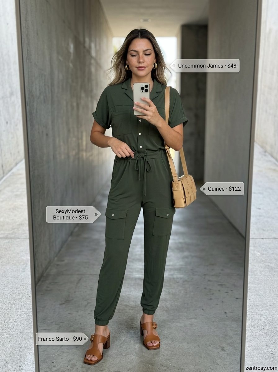 Casual LA summer outfits for women 2026: Olive utility jumpsuit, leather slides, gold hoops & crossbody bag.
