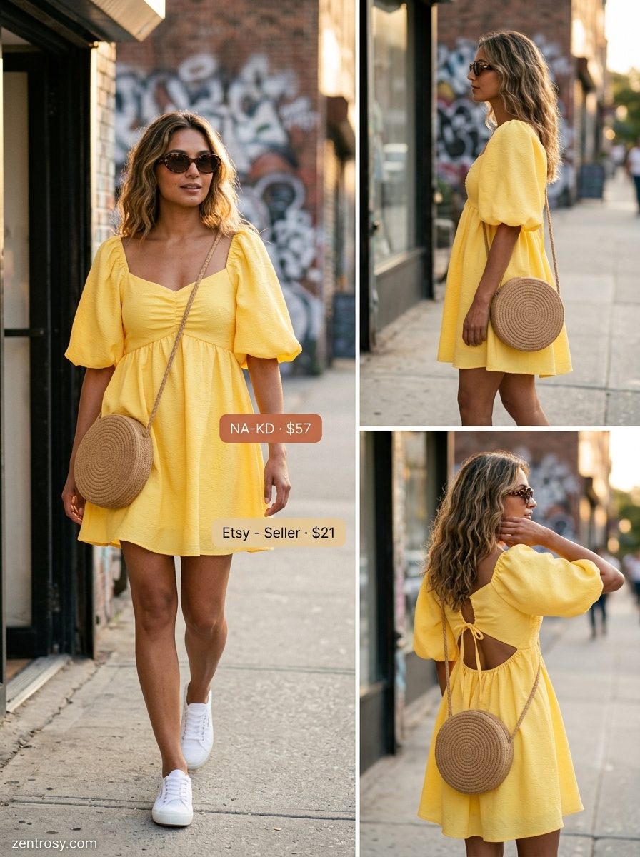 Casual LA summer outfits for women 2026: Yellow mini sundress, white sneakers, straw bag & sunglasses.