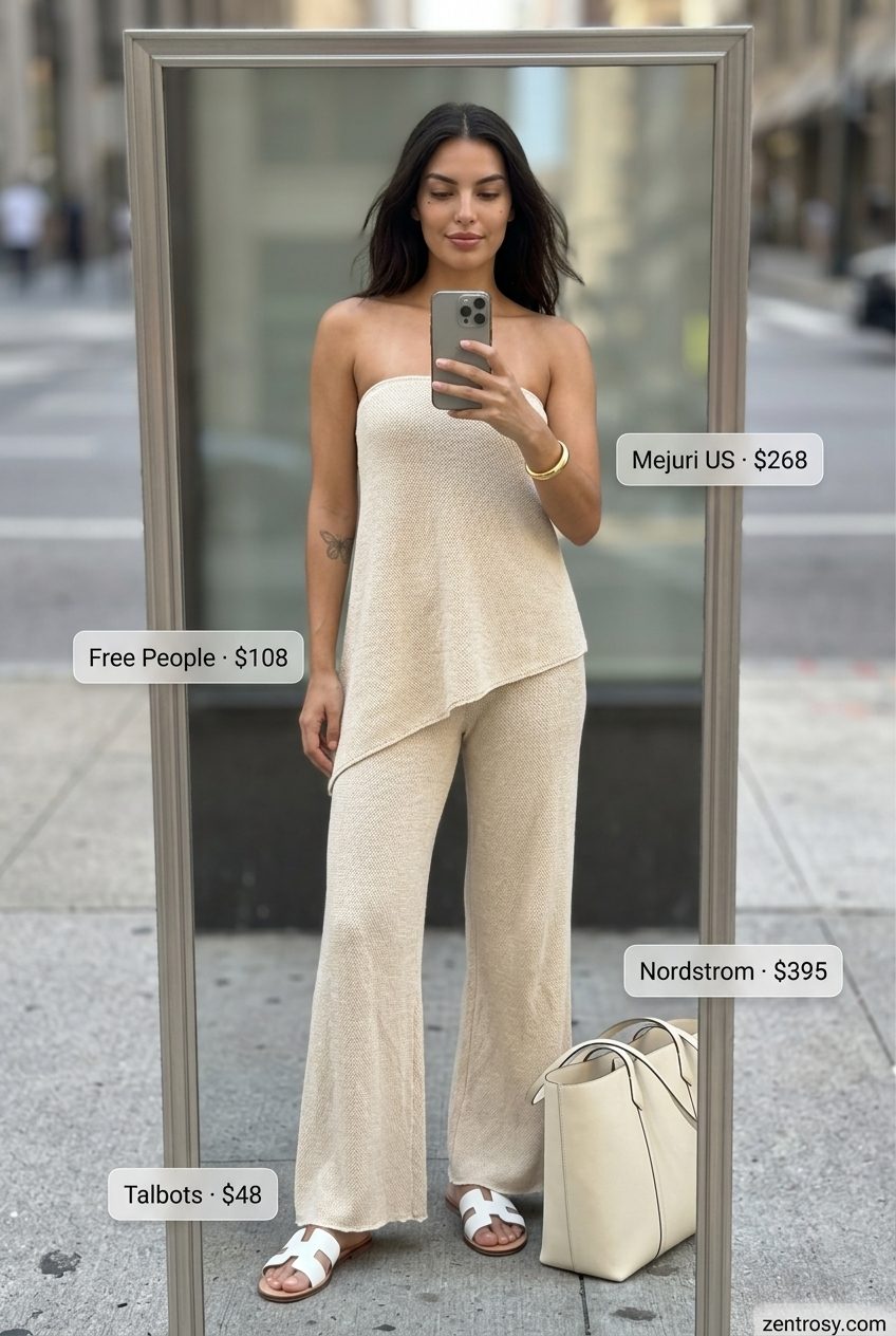 Soft beige knit crop top and wide-leg pants set with leather slides for casual LA summer outfits for women 2026.